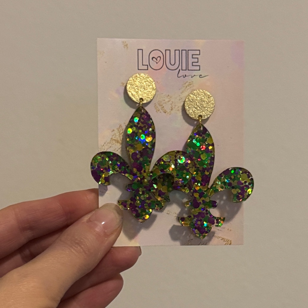 Mardi Gras Gold And Purple Glitter Fleur-De-Lis Earrings